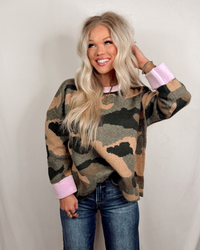 Called To Camo Contrast Long Sleeve Printed Sweater