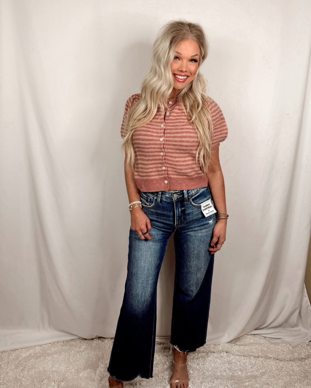 Dusty Rose Blush Knit Striped Short Sleeve Blouse