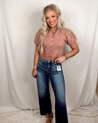 Dusty Rose Blush Knit Striped Short Sleeve Blouse