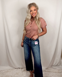 Dusty Rose Blush Knit Striped Short Sleeve Blouse