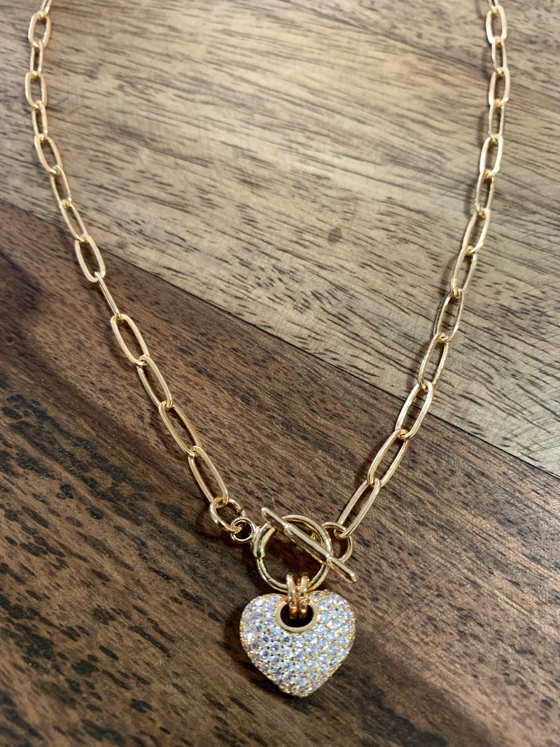 Puffed Pave Heart Toggle Necklace
