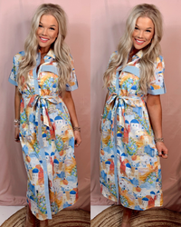 Scenes of Santorini Printed Mediterranean Midi Dress