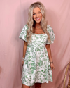 Tea Party Elegance Floral Print Puff Sleeve Mini Dress - Green