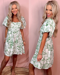 Tea Party Elegance Floral Print Puff Sleeve Mini Dress - Green