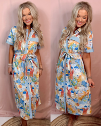 Scenes of Santorini Printed Mediterranean Midi Dress