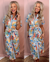 Scenes of Santorini Printed Mediterranean Midi Dress