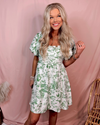 Tea Party Elegance Floral Print Puff Sleeve Mini Dress - Green