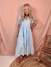 Blossoming In Blue Tiered Midi Ruffled Dress