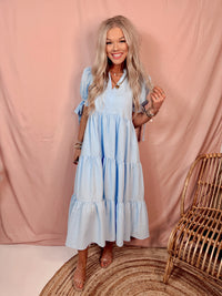 Blossoming In Blue Tiered Midi Ruffled Dress