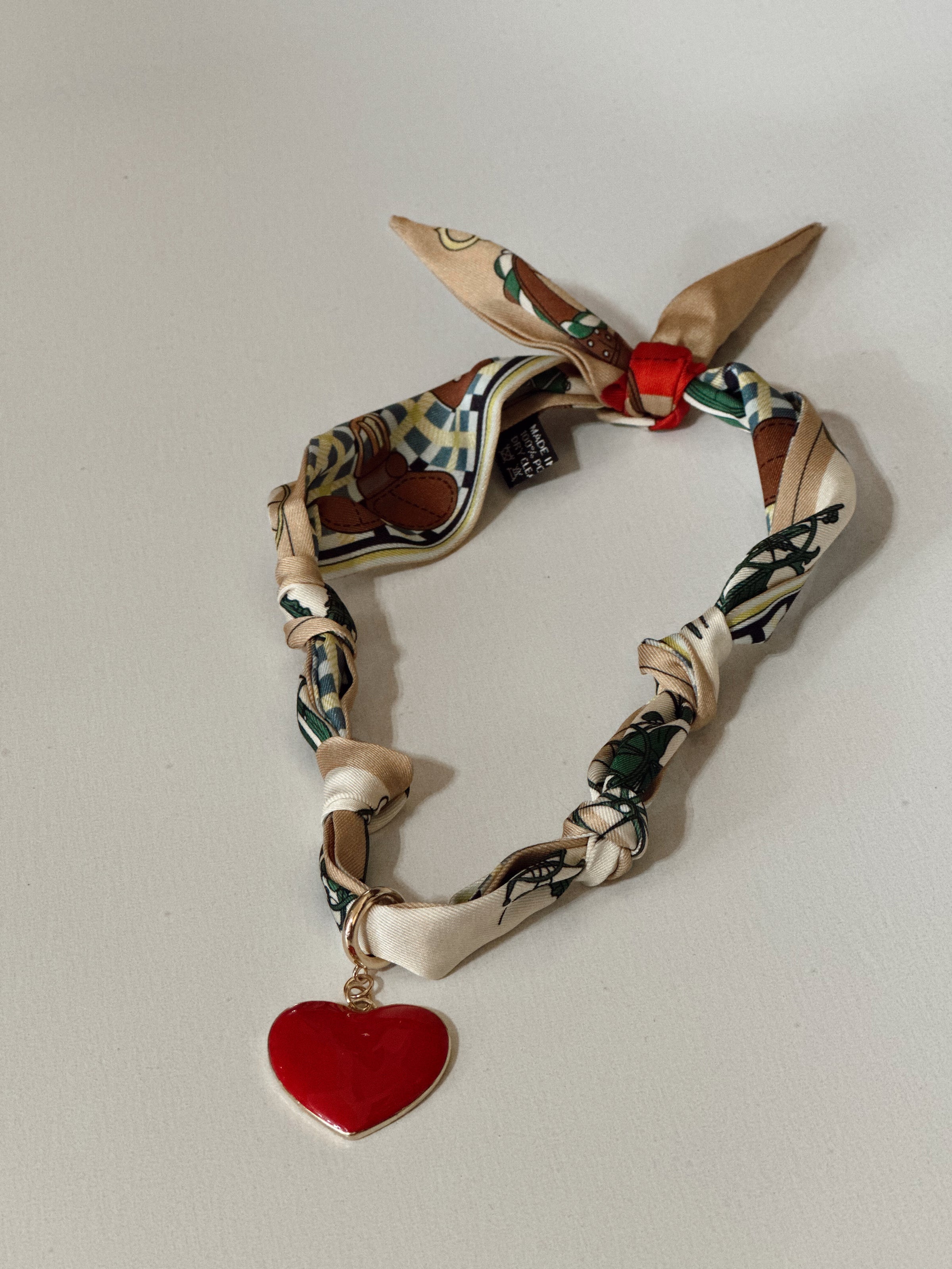 Vintage Horse Carriage + Red Heart Charm Scarf Necklace