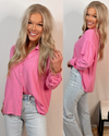 Spring Fling Solid Button Up Long Sleeve Top - Pink