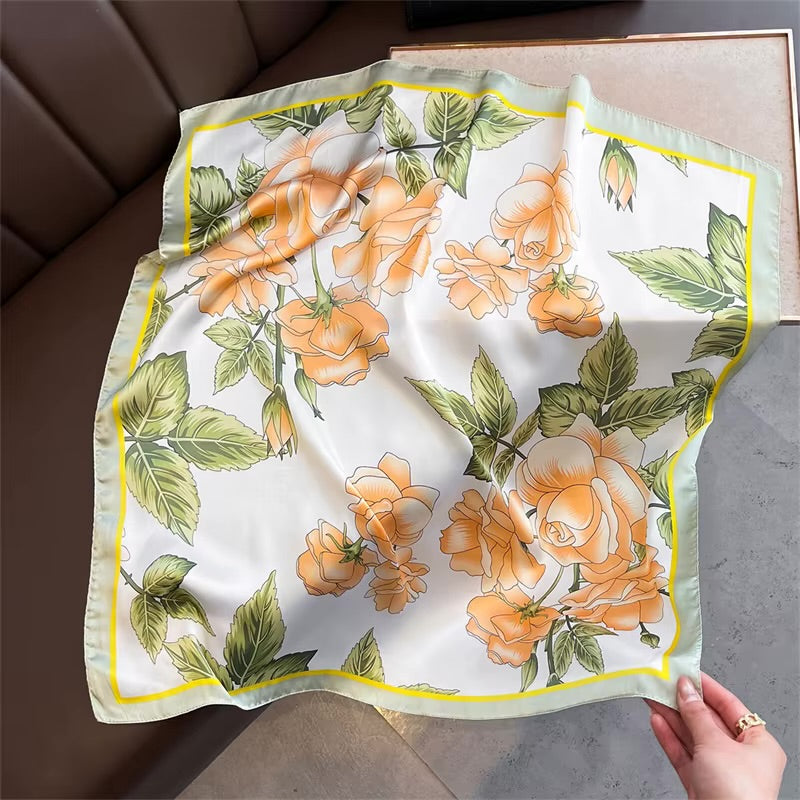 Honeyed Apricot Florals Print Satin Square Scarf