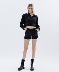 On Trend High Rise Utility Denim Shorts - Black