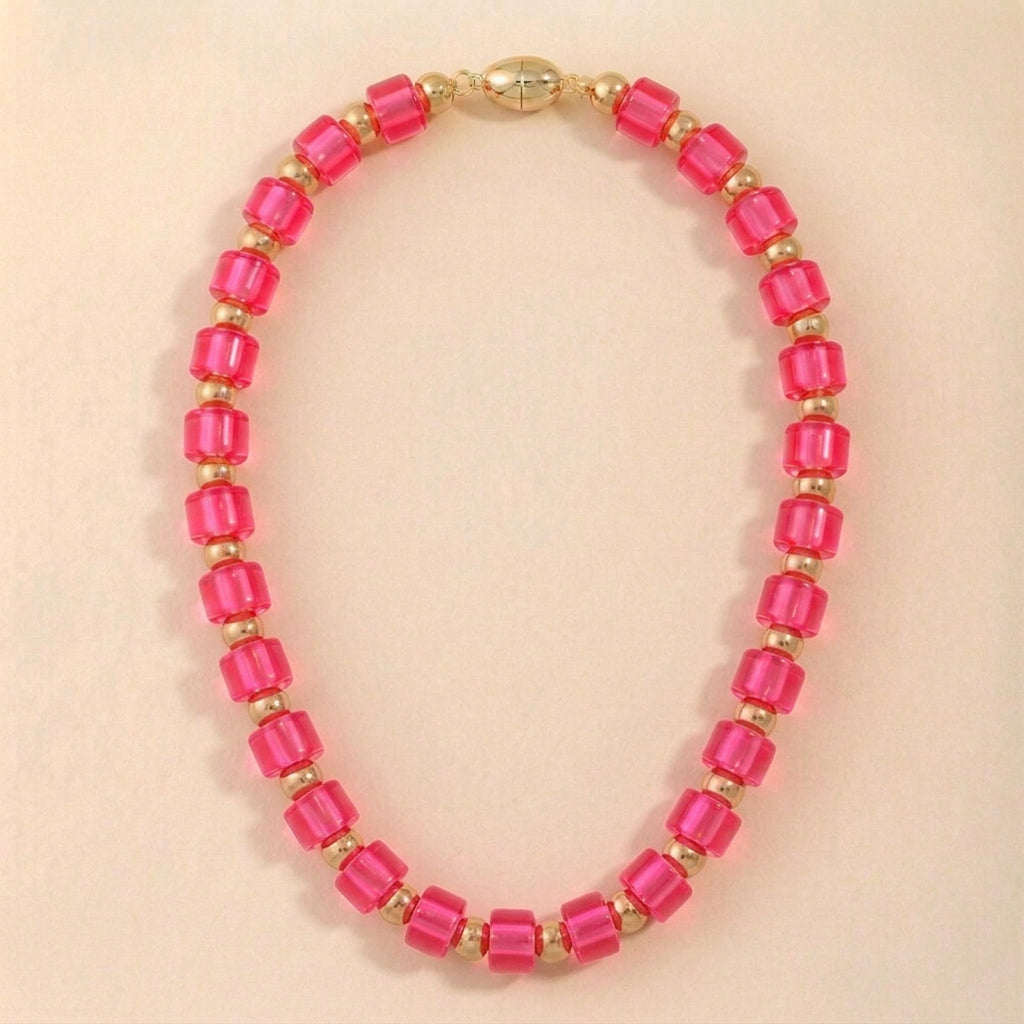 Fuchsia Barrel and Gold Ball Bead Collar Necklace
