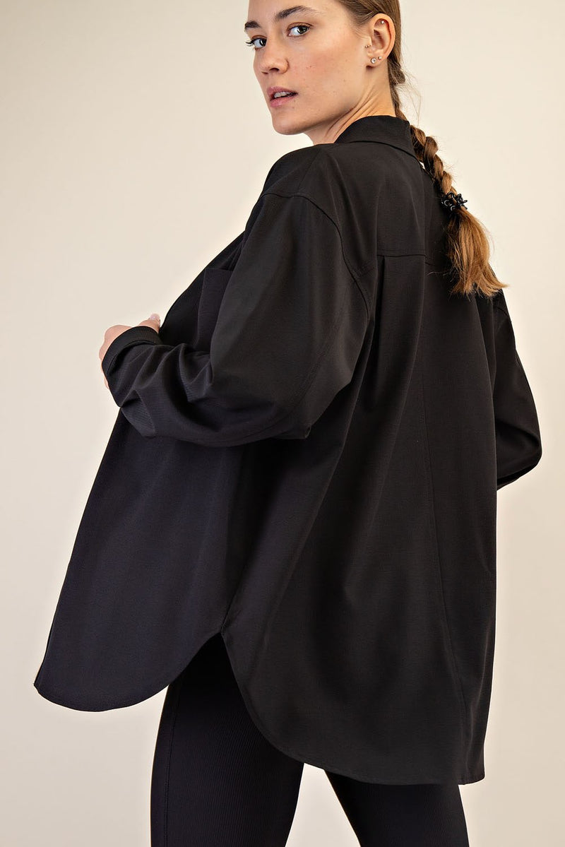 Luxe Lounge Long Sleeve Button Up Top - Black