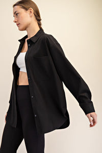 Luxe Lounge Long Sleeve Button Up Top - Black