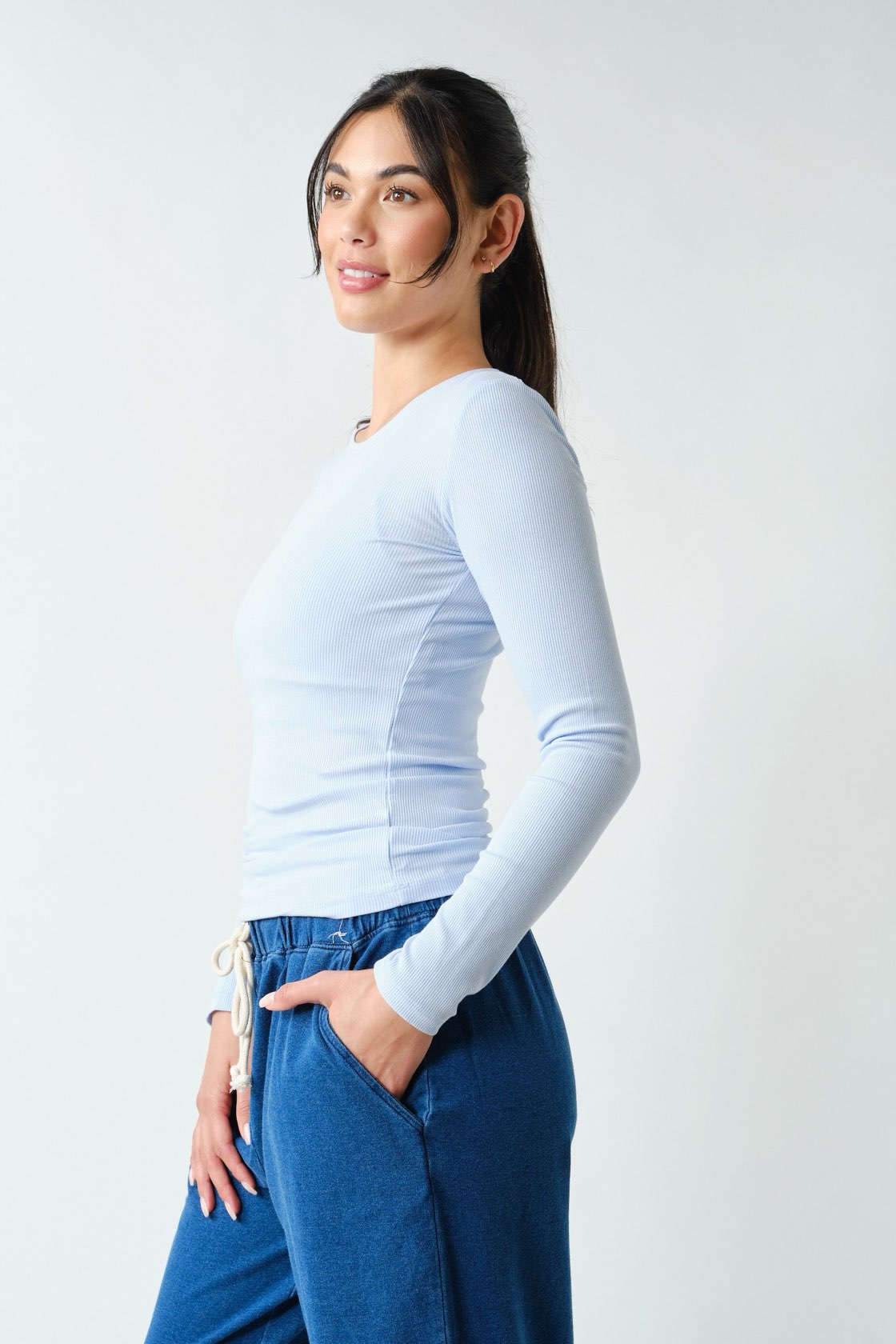 On Repeat Ribbed Long Sleeve Basic Top - Halogen Blue