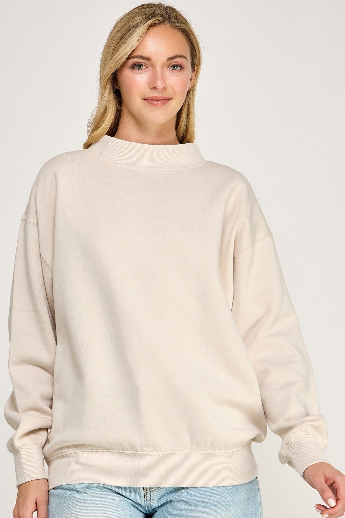 Essential Mock Neck Oversized Pullover - Beige