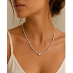 White Beaded Necklace Layered with Gold Chain 16"