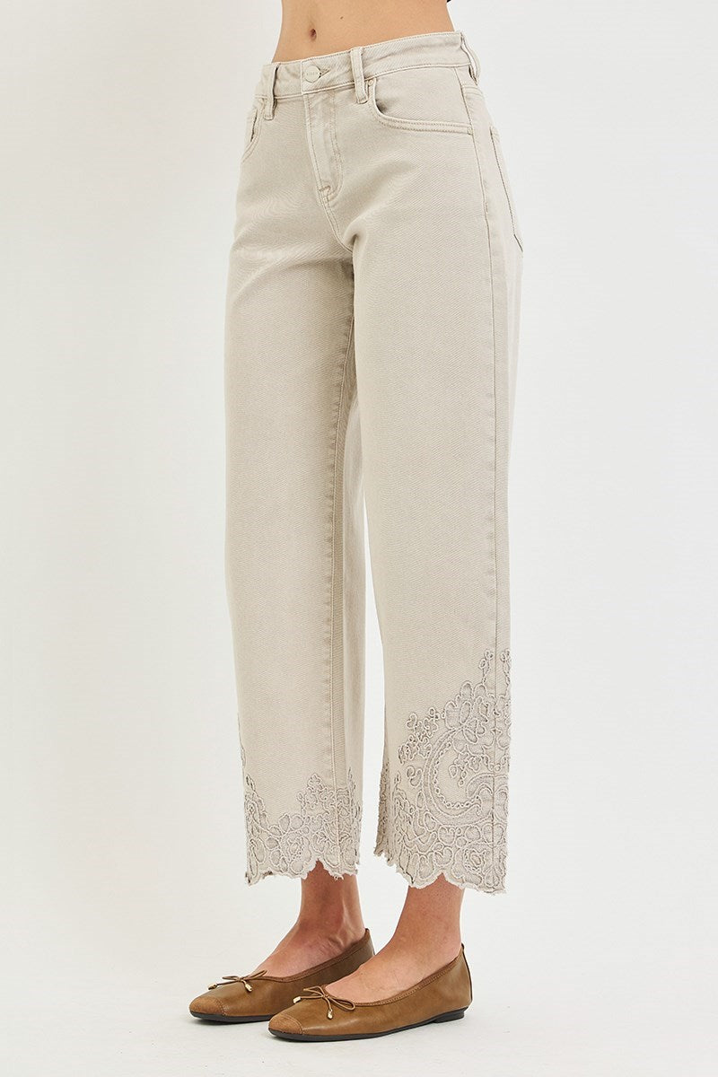 Lady May Lace Embroidered Hem Crop Jeans