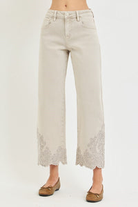 Lady May Lace Embroidered Hem Crop Jeans