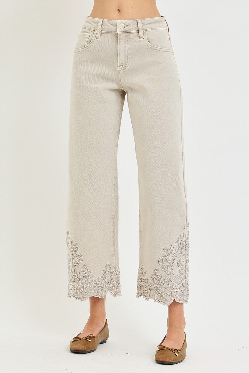 Lady May Lace Embroidered Hem Crop Jeans