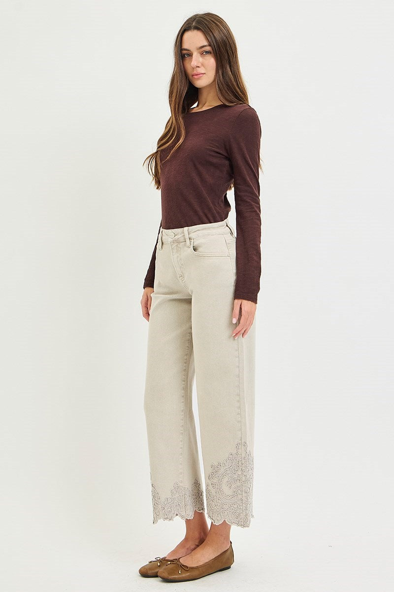 Lady May Lace Embroidered Hem Crop Jeans