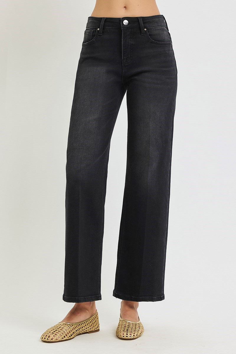 Townes Tummy Control High Rise Creased Straight Leg Jeans | Black