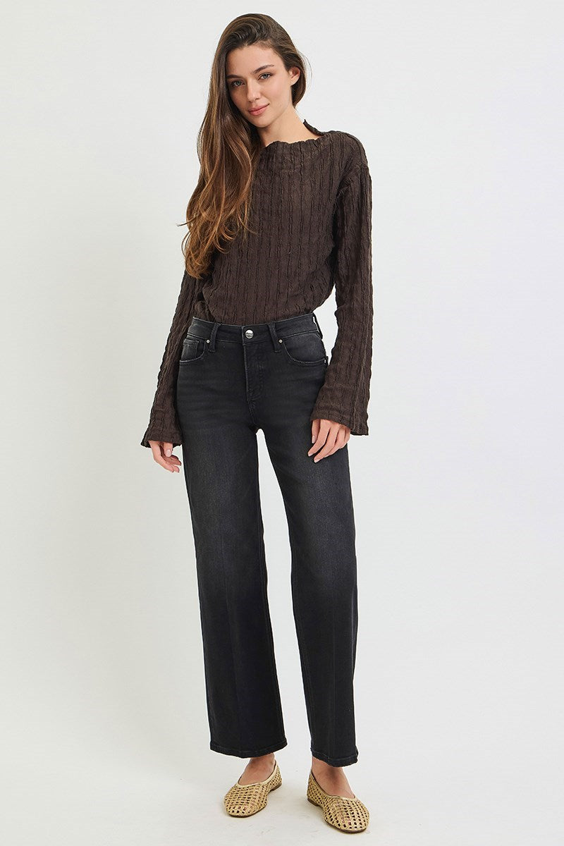 Townes Tummy Control High Rise Creased Straight Leg Jeans | Black