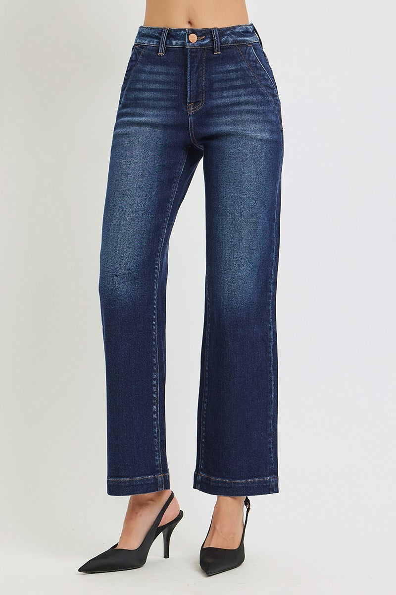 Timeless + Tailored Tummy Control High Rise Straight Leg Cropped Dark Wash Jeans