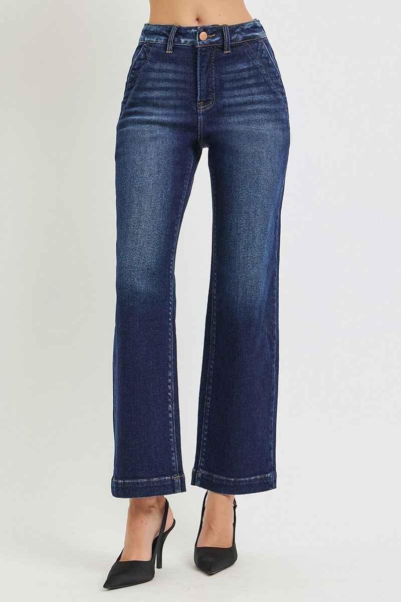Timeless + Tailored Tummy Control High Rise Straight Leg Cropped Dark Wash Jeans