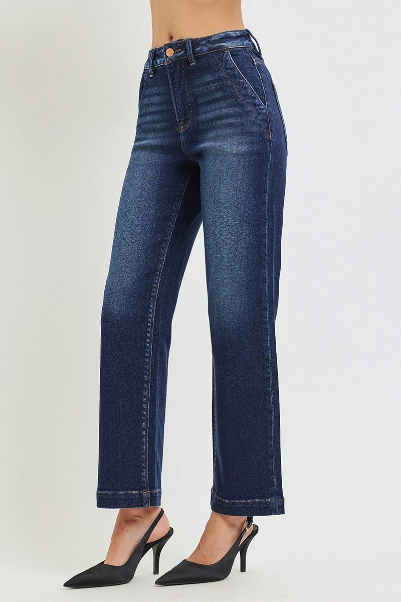Timeless + Tailored Tummy Control High Rise Straight Leg Cropped Dark Wash Jeans