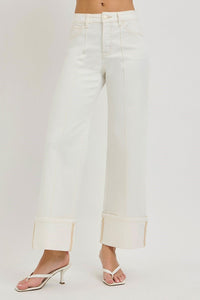 Bel Air Cuff Crop Wide Leg High Rise w/Tummy Control Jeans - Cream