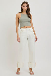 Bel Air Cuff Crop Wide Leg High Rise w/Tummy Control Jeans - Cream