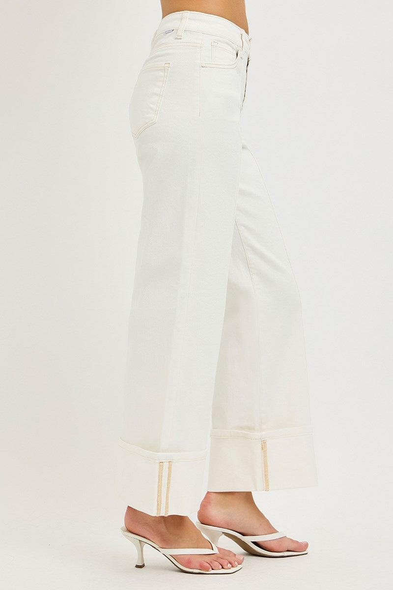 Bel Air Cuff Crop Wide Leg High Rise w/Tummy Control Jeans - Cream