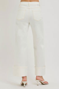 Bel Air Cuff Crop Wide Leg High Rise w/Tummy Control Jeans - Cream