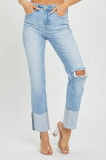 Caroline Cuffed High Rise Straight Leg Jeans - Light Wash