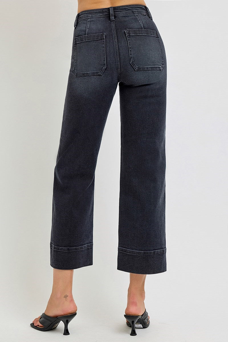 Hollow High Rise Cropped Wide Leg Jeans - Washed Black