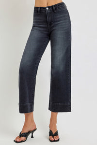 Hollow High Rise Cropped Wide Leg Jeans - Washed Black