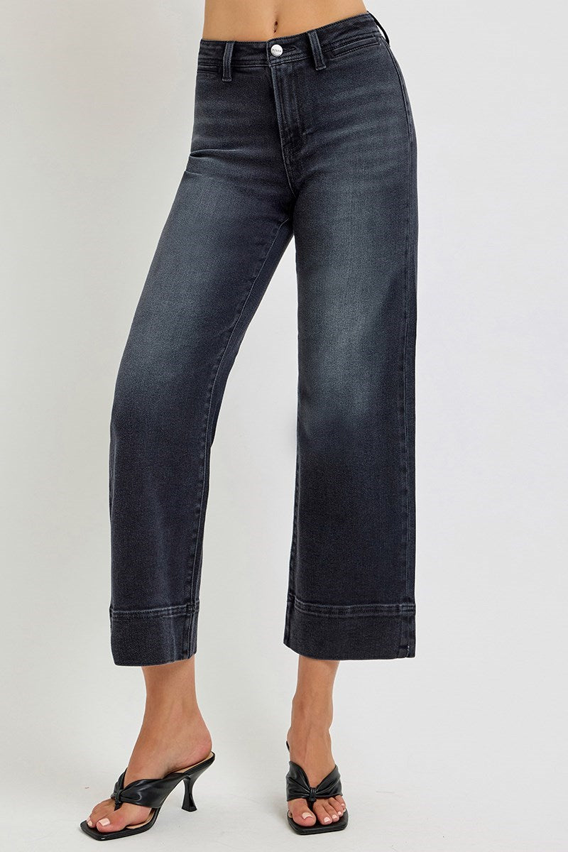 Hollow High Rise Cropped Wide Leg Jeans - Washed Black