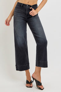 Hollow High Rise Cropped Wide Leg Jeans - Washed Black