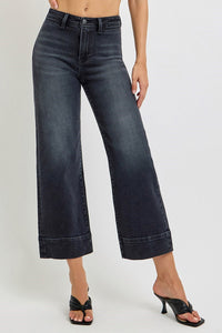 Hollow High Rise Cropped Wide Leg Jeans - Washed Black