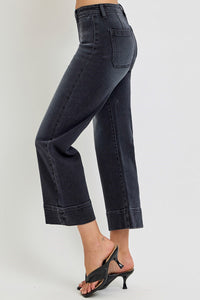Hollow High Rise Cropped Wide Leg Jeans - Washed Black