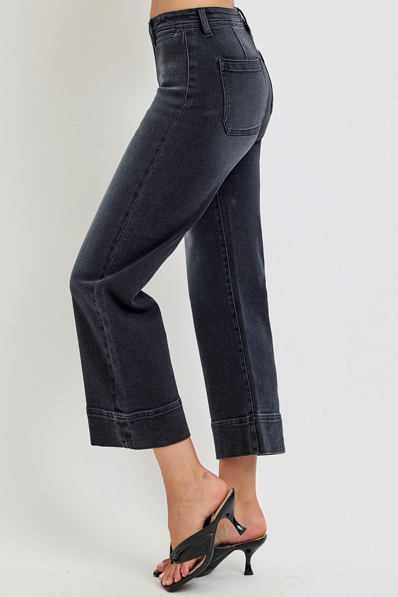 Hollow High Rise Cropped Wide Leg Jeans - Washed Black