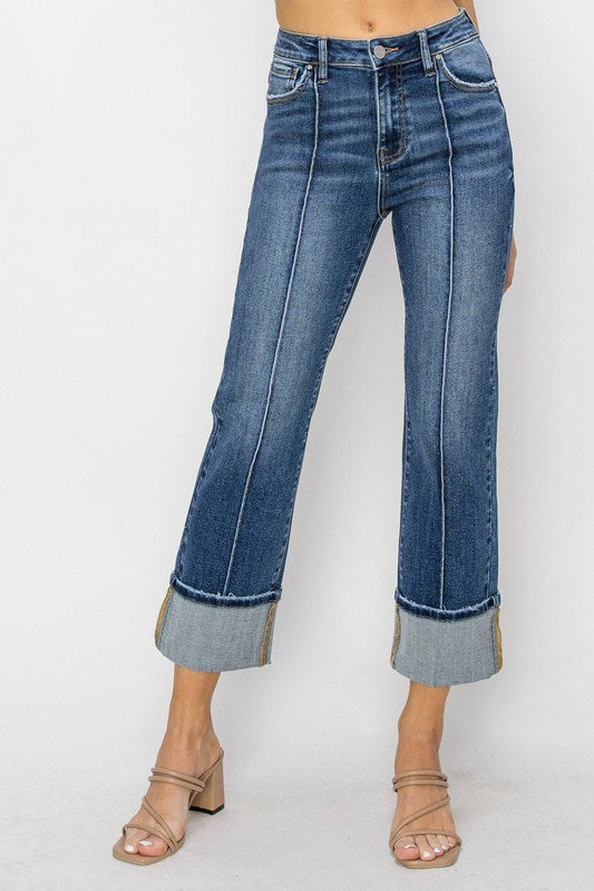 Sundown Denim Dark Wash Front Pleat Cuffed Jeans