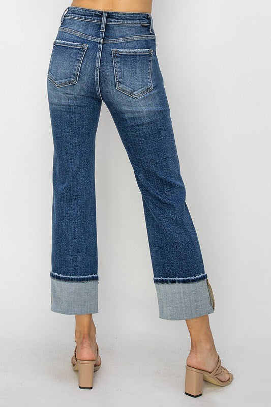 Sundown Denim Dark Wash Front Pleat Cuffed Jeans