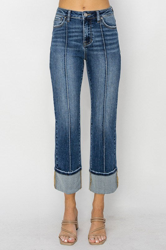 Sundown Denim Dark Wash Front Pleat Cuffed Jeans