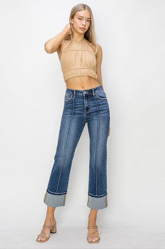 Sundown Denim Dark Wash Front Pleat Cuffed Jeans