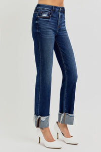 Refined High Rise Tummy Control Cuffed Ankle Straight Leg Jeans