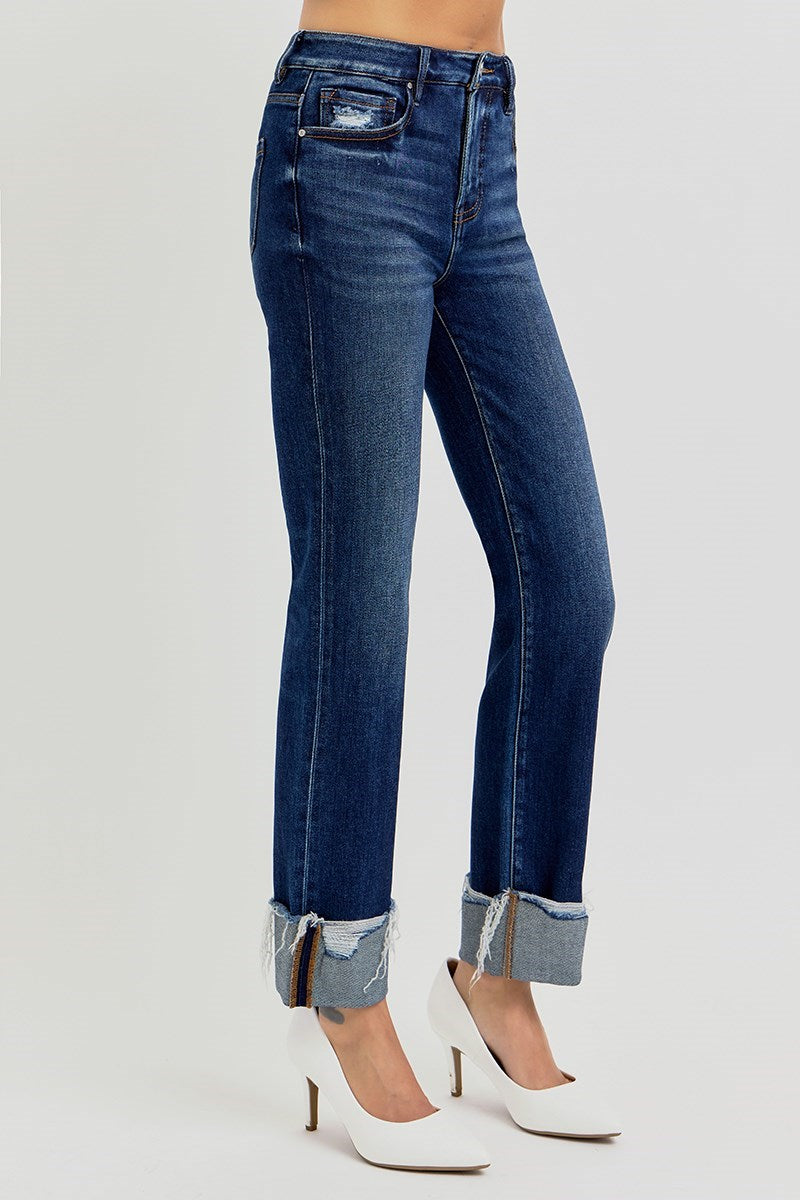 Refined High Rise Tummy Control Cuffed Ankle Straight Leg Jeans